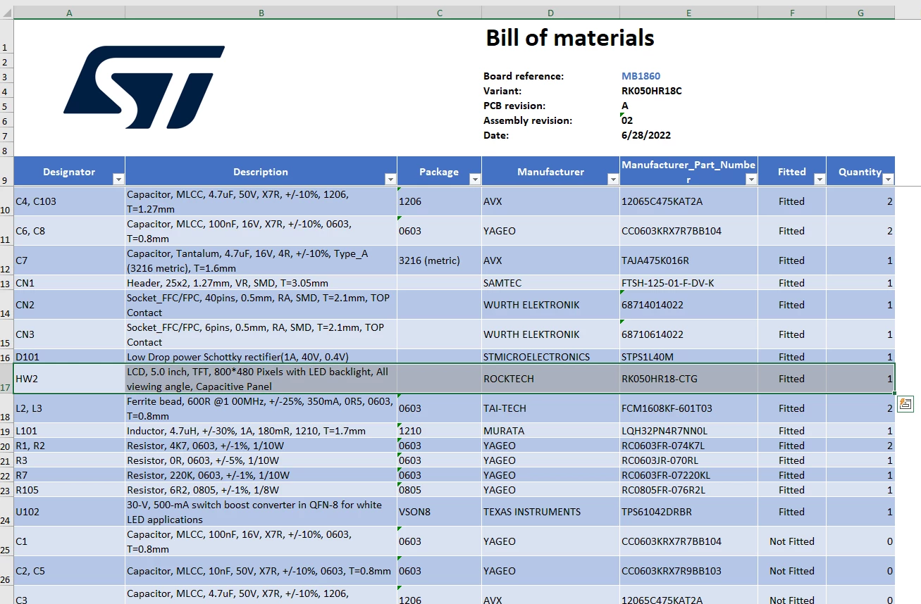 Bill of Material for STM32U5G9J-DK2