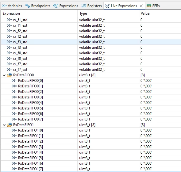 Figure 21. Variables related the CAN Rx operation are added to the Live Expression