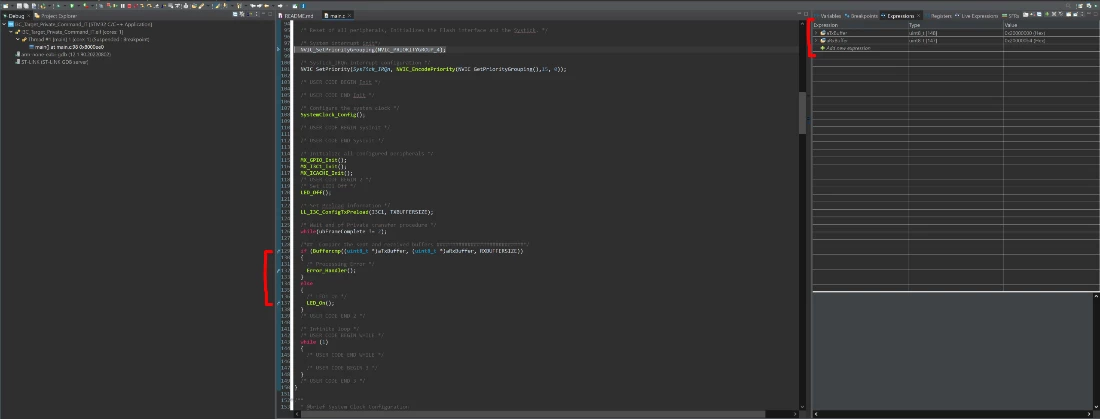 Fig 11. CubeIDE breakpoints & watched expressions - target project