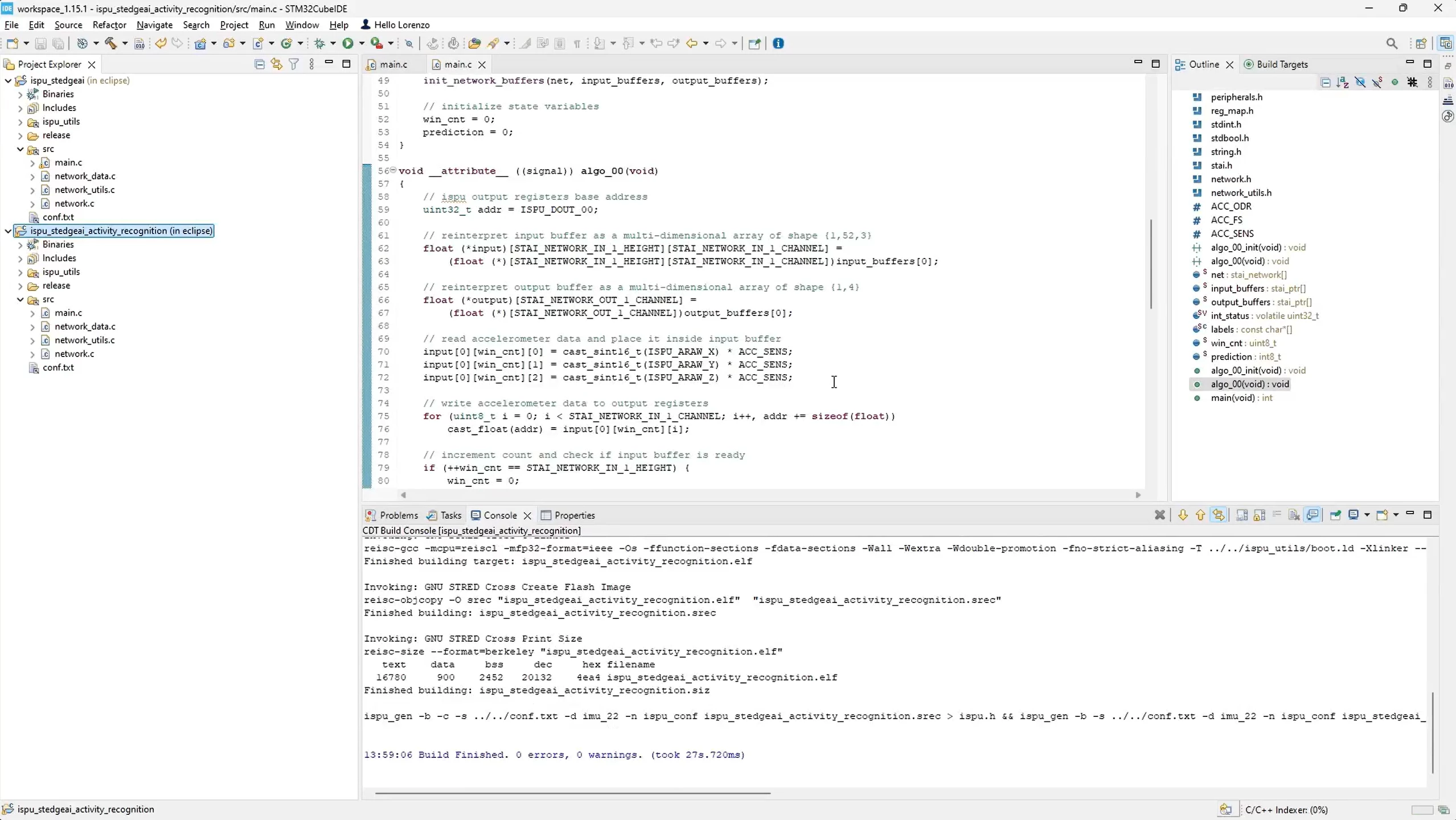 Figure 19: Rebuilding the project in STM32CubeIDE to get the configuration file (.ucf file) for the ISPU