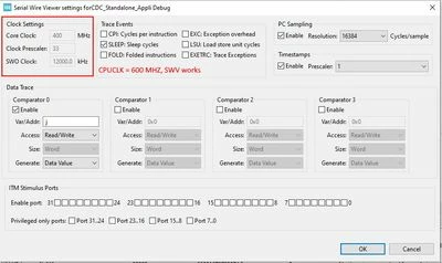 Core Clock set to 600 MHz, SWV Core Clock set to 400 MHz ; works.JPG