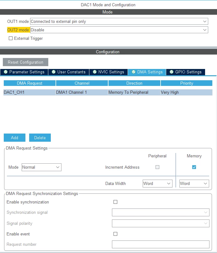 DAC DMA configuration