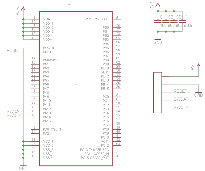 Basic circuit for programming with STM32F4-DiscoveryÂ´s STLINK SWD ...