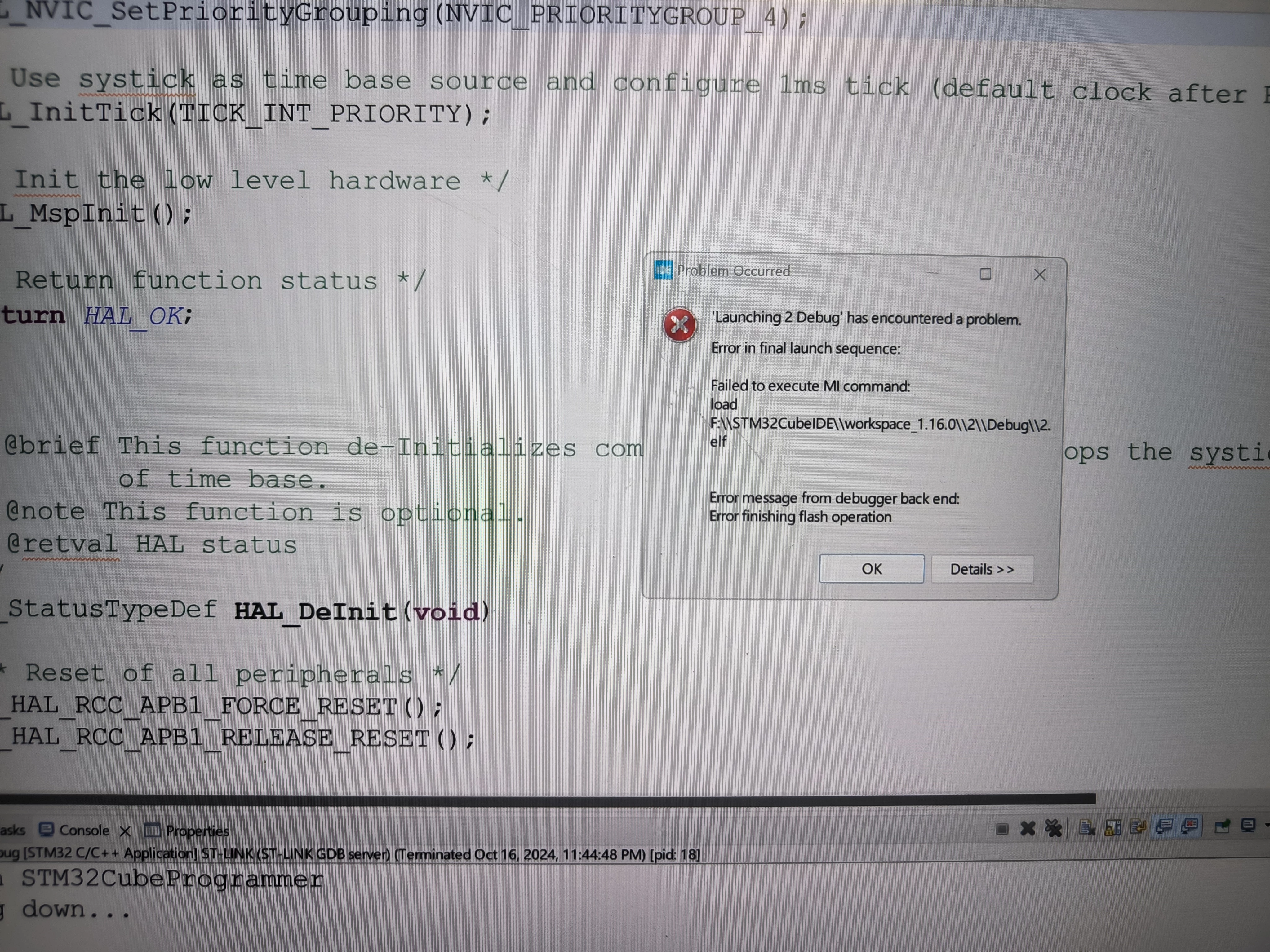 STM32CUBEIDE show error finishing flash opration | Community