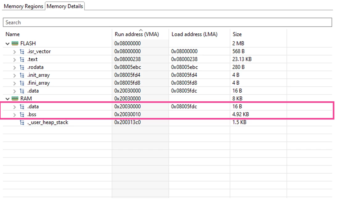 Figure 11: STM32CubeIDE Build Analyzer feature: initialized data segment (“.data”) and initialized data segment (“.bss”) is stored in SRAM2 page 1 (“RAM”).