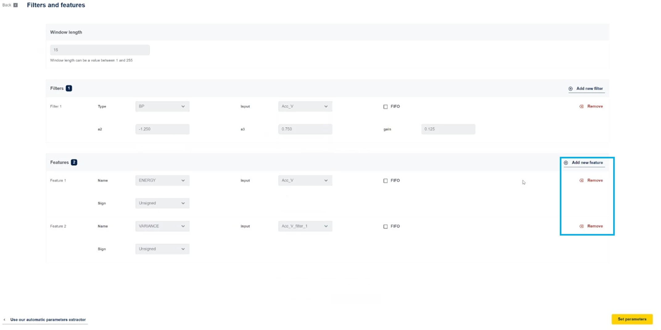 Figure 3. Features can be added with Add new feature button and deleted with Remove button for respective feature