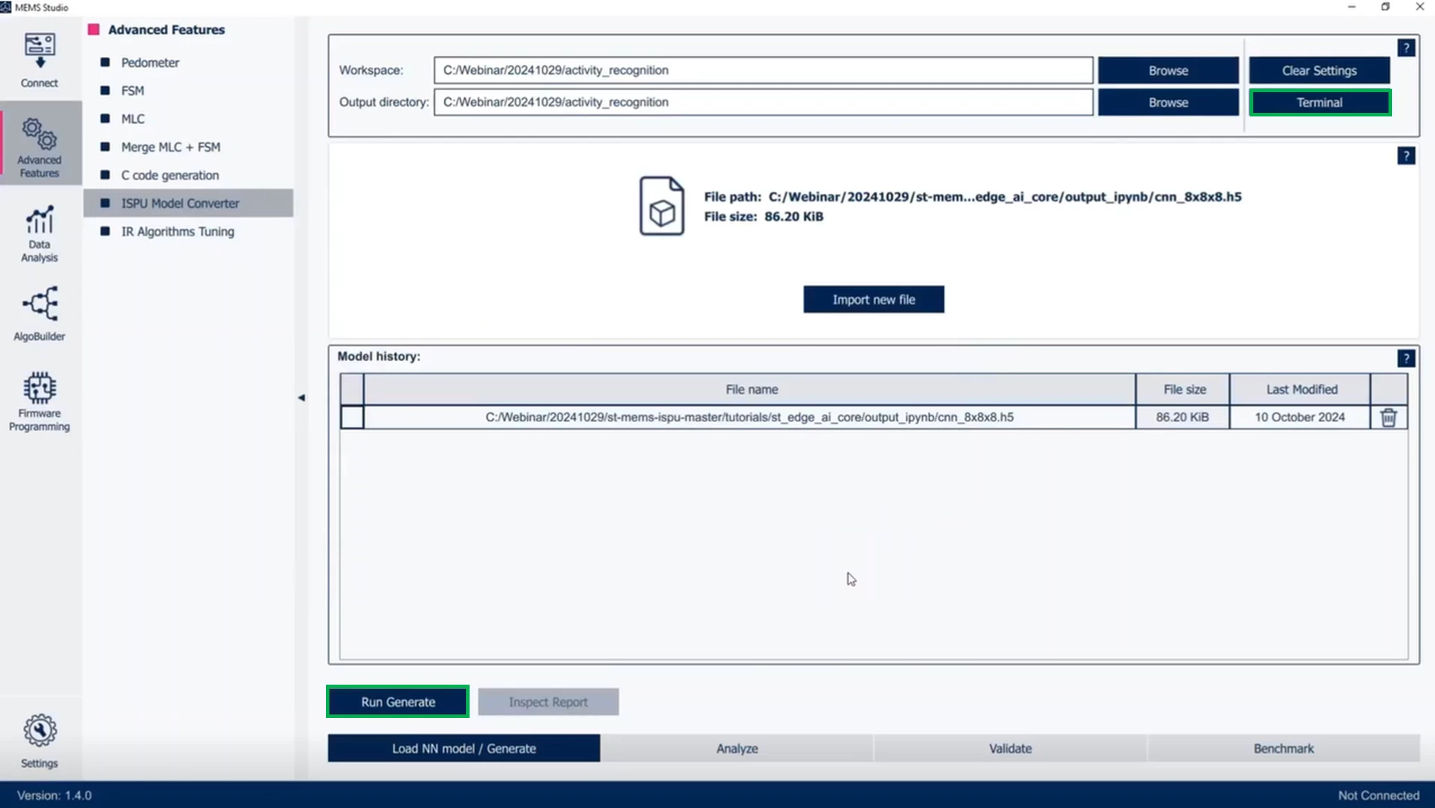Figure 8: MEMS Studio: Load NN model / Generate tab