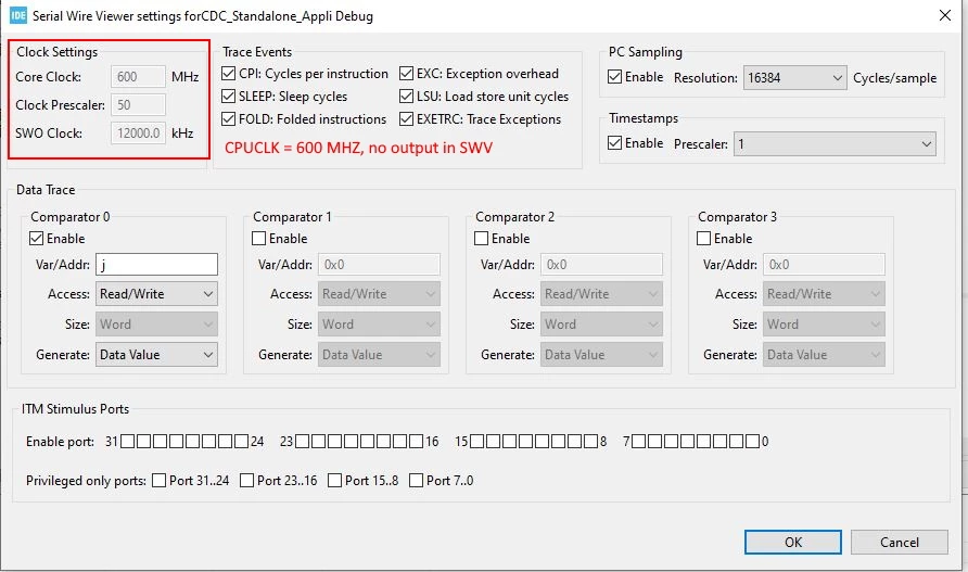 Core Clock set to 600 MHz, SWV Core Clock set to 600 MHz ; no entries.JPG