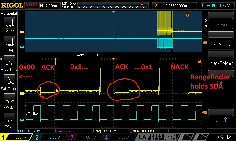 Fig. 2: Premature ACK and rangefinder holding SDA low. Yellow: SDA, Cyan: SCL