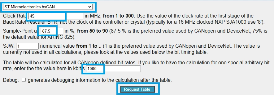 Figure 2. CAN bit timing web tool for 1 Mbit/s