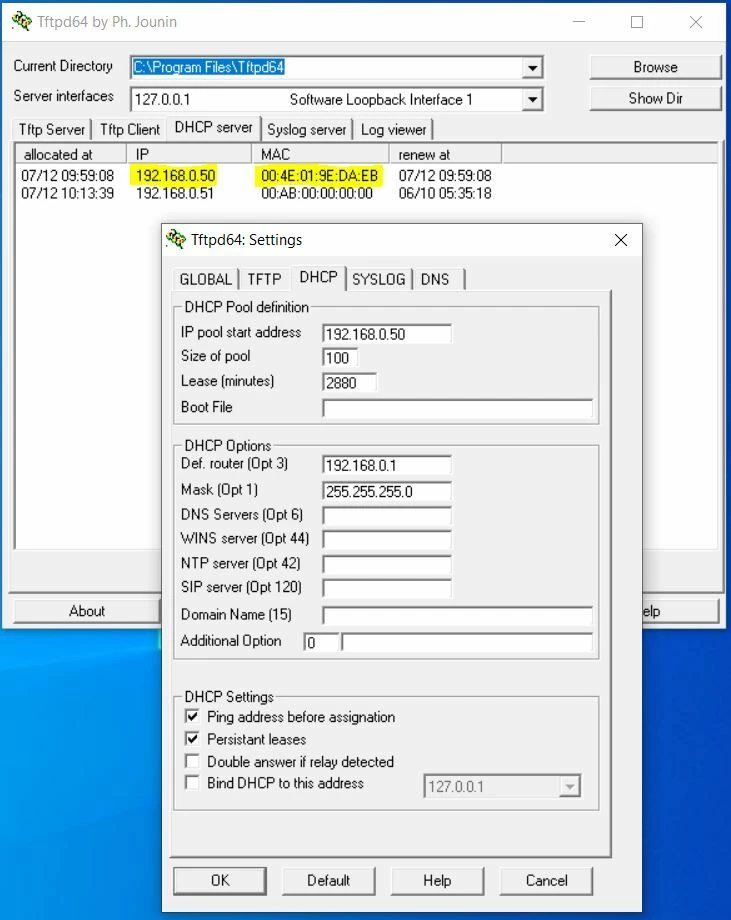 DHCP server - PC utility TFTPD32