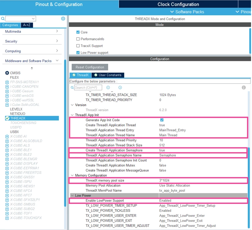 Figure 5: Enable and generate code for core THREADX services like semaphore, configure THREADX memory pool, enable low power support.