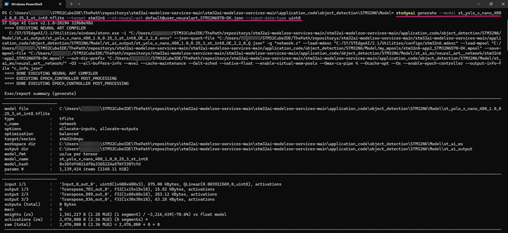 STEdgeAI command with the output