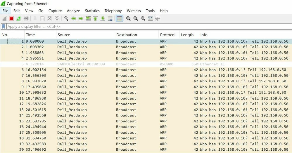 Wireshark packet while sending echo command from Laptop to the MCU