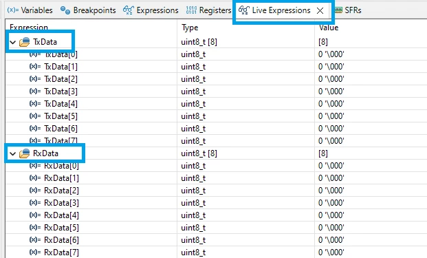 Figure 23. Adding&nbsp;TxData and RxData to the Live Expressions in STM32CubeIDE