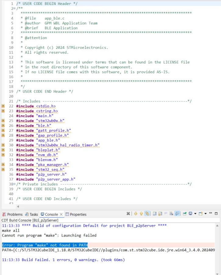 Nucleo-WB05KZ p2pServer example with STM32CubeIDE: Program "make" not ...