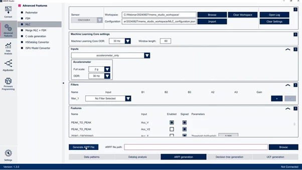 Figure 5: In the MLC tool of MEMS-Studio, the manual configuration of the machine learning core parameters like inputs, window features and so on is performed