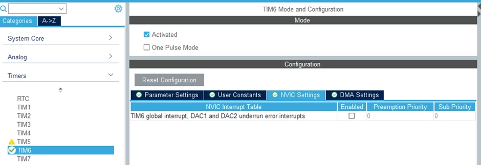 Figure 12: ioc configuration: timer 6 interrupt configuration.