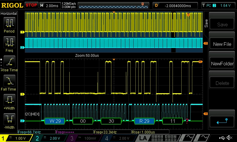 Fig. 3: Successful communication with the Arduino. Yellow: SDA, Cyan: SCL