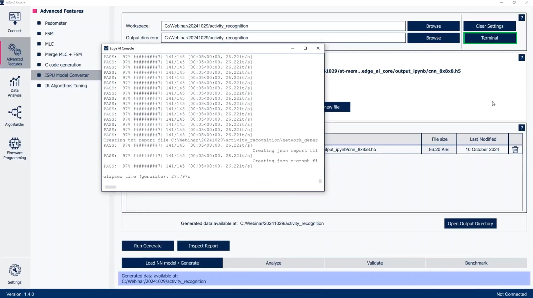Figure 12: MEMS Studio: review the CLI logs by clicking on the Terminal button