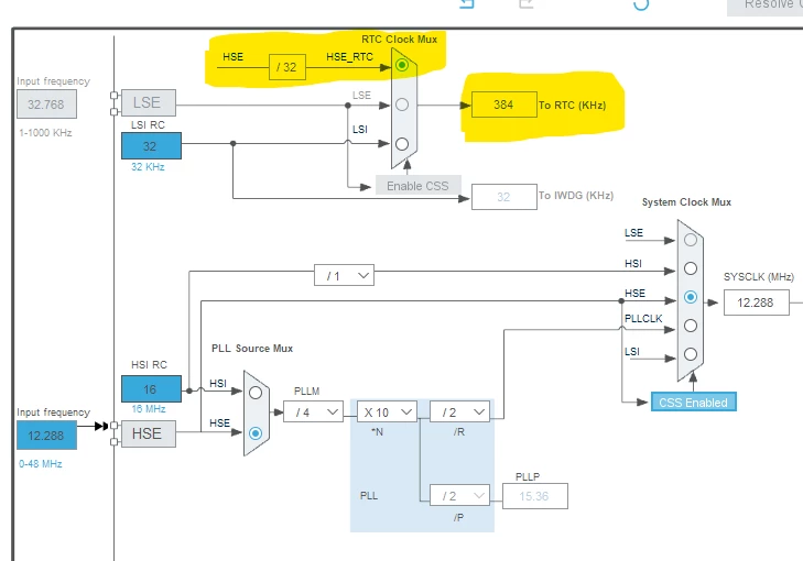Clock Tree configuration using HSE with 12.288Mhz as clock input for the RTC on STM32G0