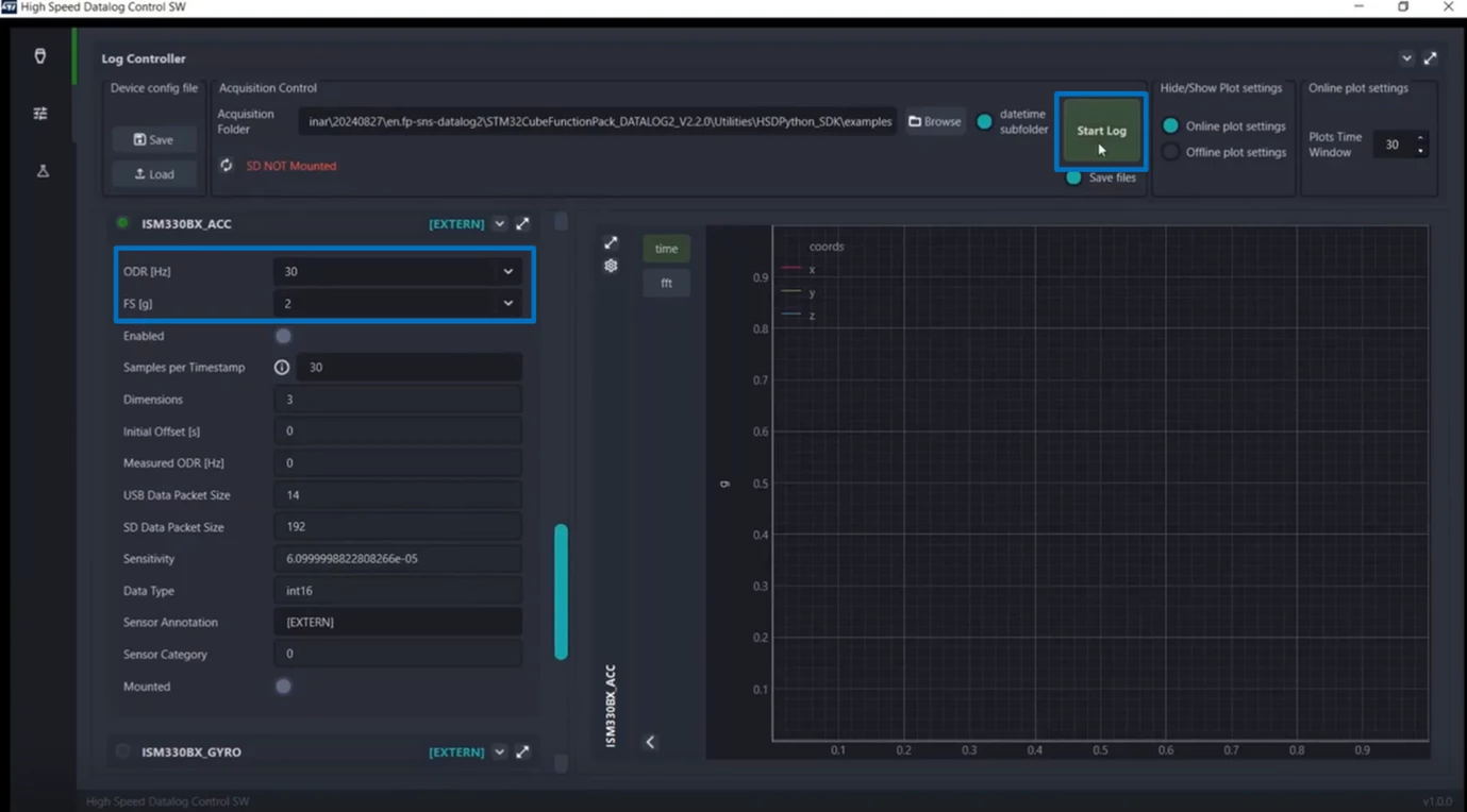 Figure 8: High Speed Datalog GUI – Setting ODR and FS and Start/Stop logging