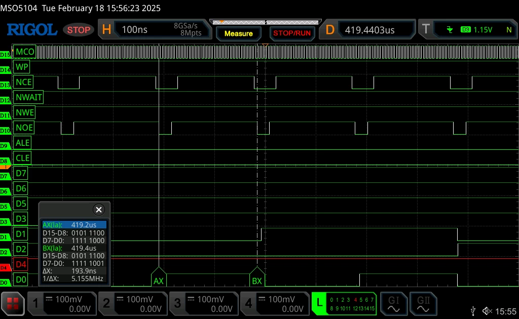 Zoomed in NAND Flash read, showing 200 ns in between reads