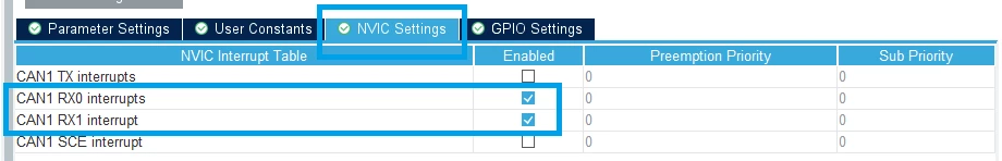 Figure 9. Enabling CAN NVIC interrupt lines for Rx