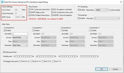 Core Clock set to 600 MHz, SWV Core Clock set to 600 MHz ; no entries.JPG