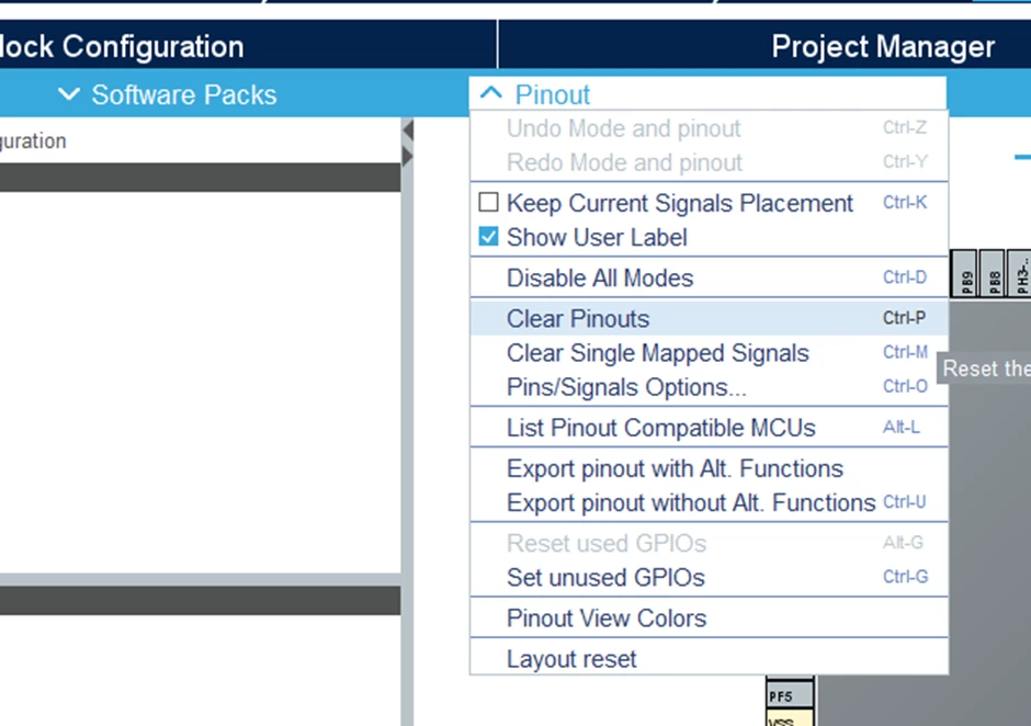 Figure 2: Clear default pinout settings to get the clean slate shown in figure 1.
