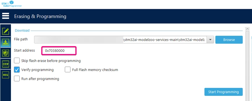 Uploading the binary of the network on STM32CubeProgrammer