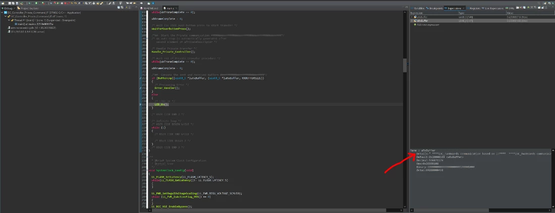 Fig 9. CubeIDE line 221 breakpoint - controller project