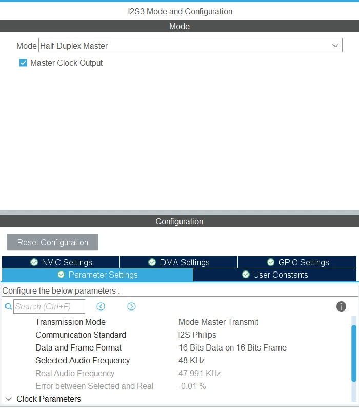 I2S Parameter Settings