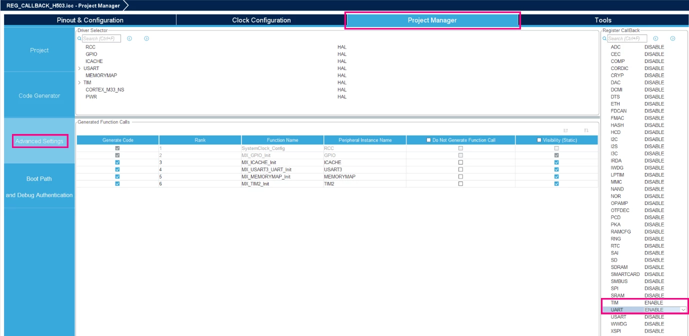 Figure 6 – Enabling the Register CallBack for UART and TIM. Source: Author’s screenshot