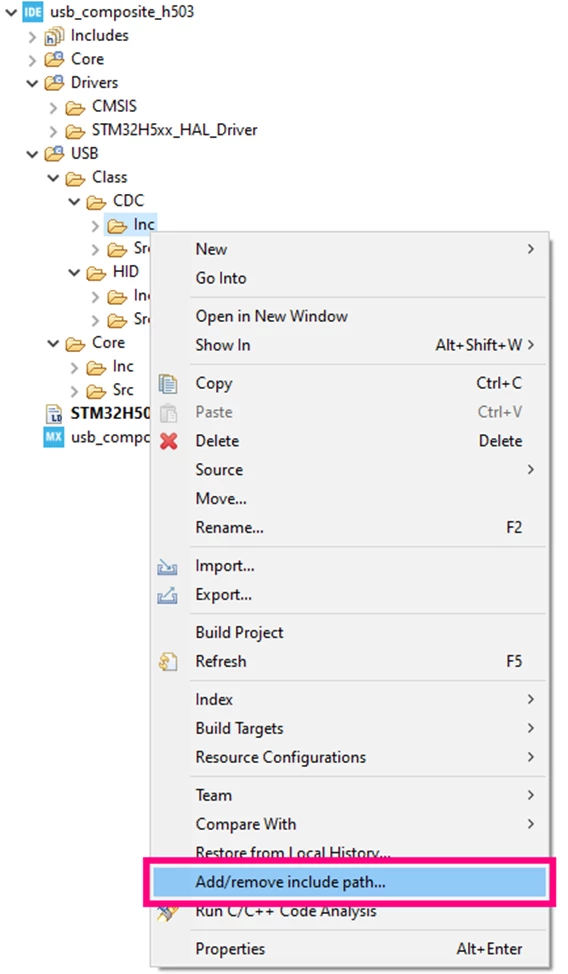 Figure 14. Referencing header files - STM32CubeIDE