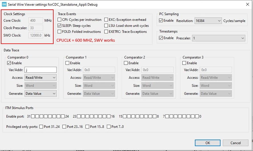 Core Clock set to 600 MHz, SWV Core Clock set to 400 MHz ; works.JPG