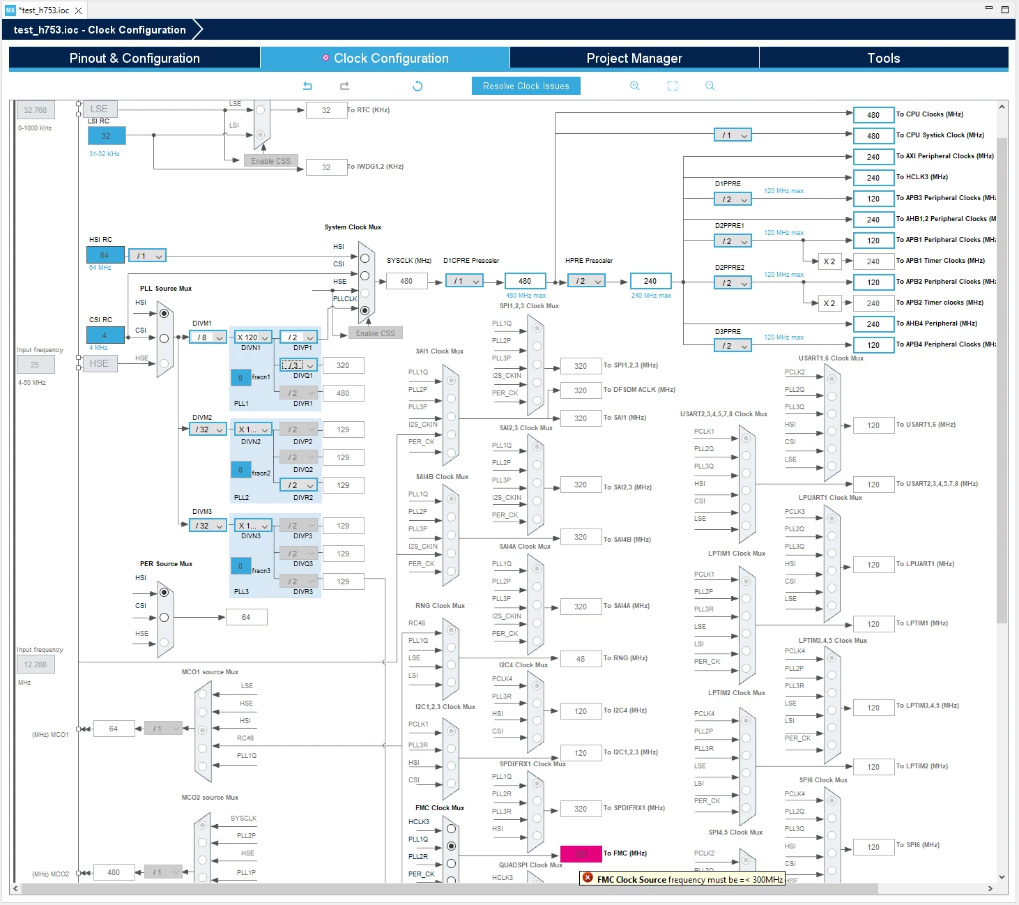 STM32H753, FMC w/ SDRAM selected, overclocking FMC to show max 300 MHz