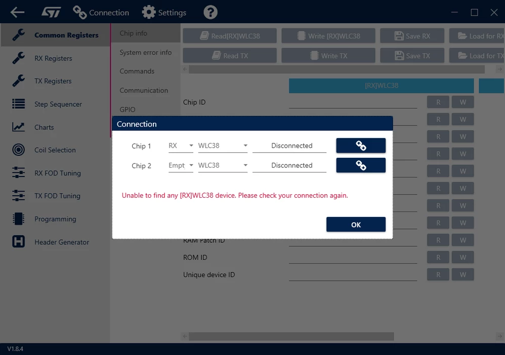 STWLC38 GUI connection issue