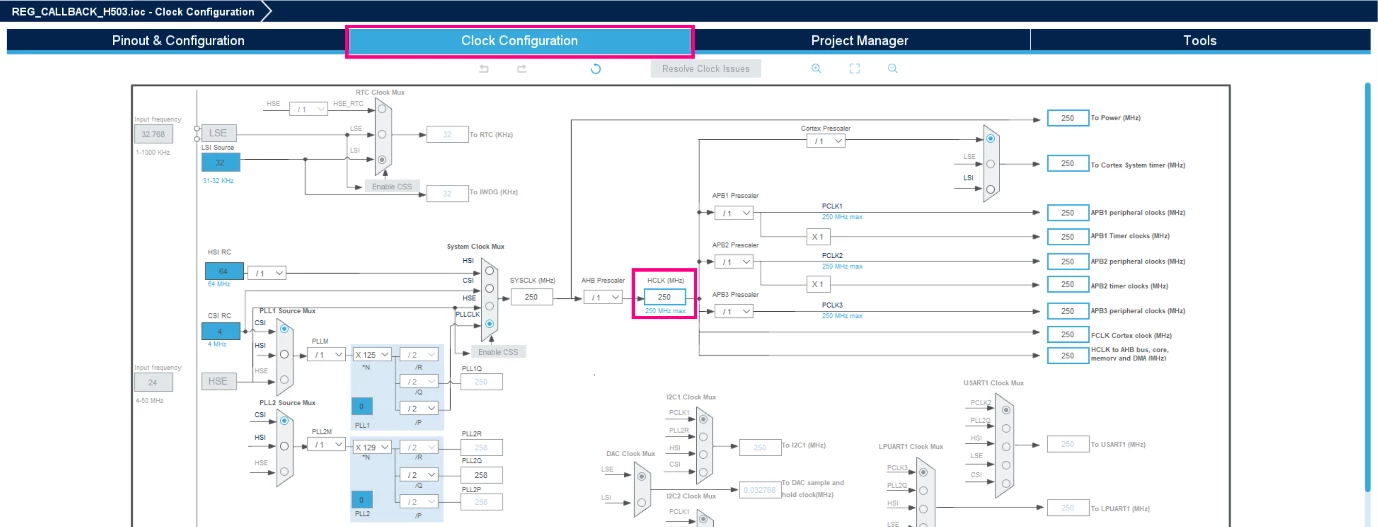 Figure 5 – Clock configuration settings. Source: Author’s screenshot.