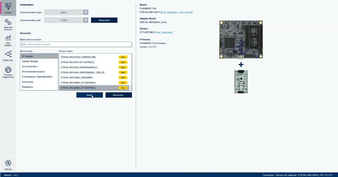 Figure 4: Selecting the biosensor you are evaluating in MEMS Studio