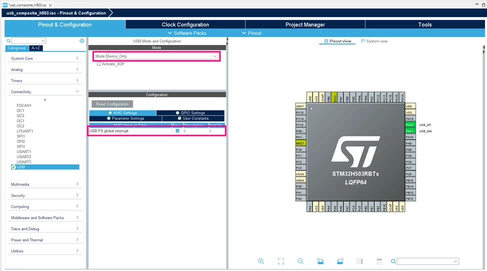 Figure 3. USB Peripheral configuration - STM32CubeIDE