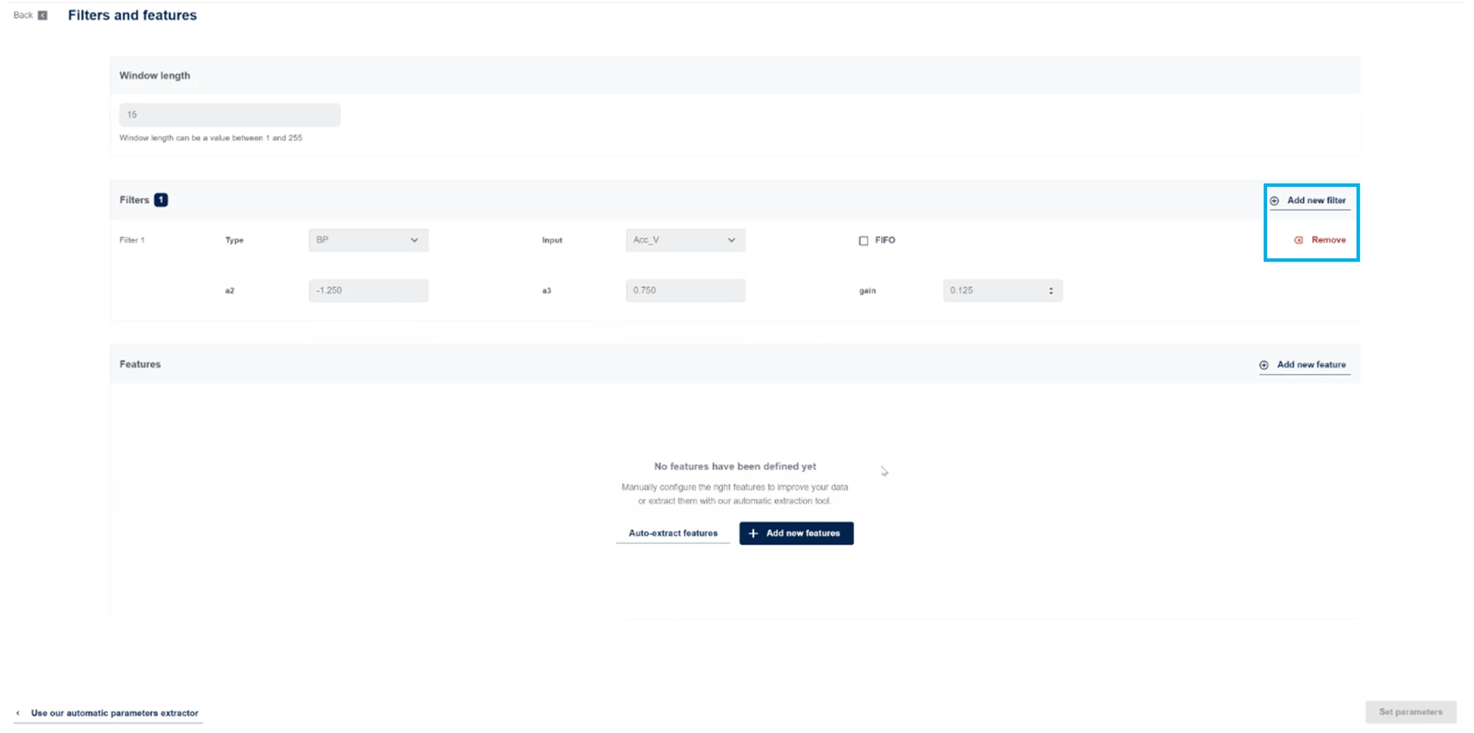 Figure 2. Filters can be added with Add new filter button and deleted with Remove button for respective filter