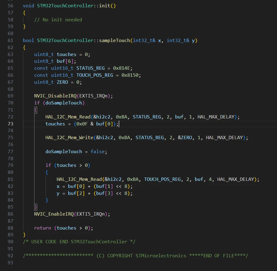 Touch controller code used in STM32U5G9J-DK2