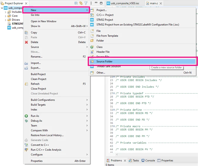 Figure 10. Creating a source folder - STM32CubeIDE