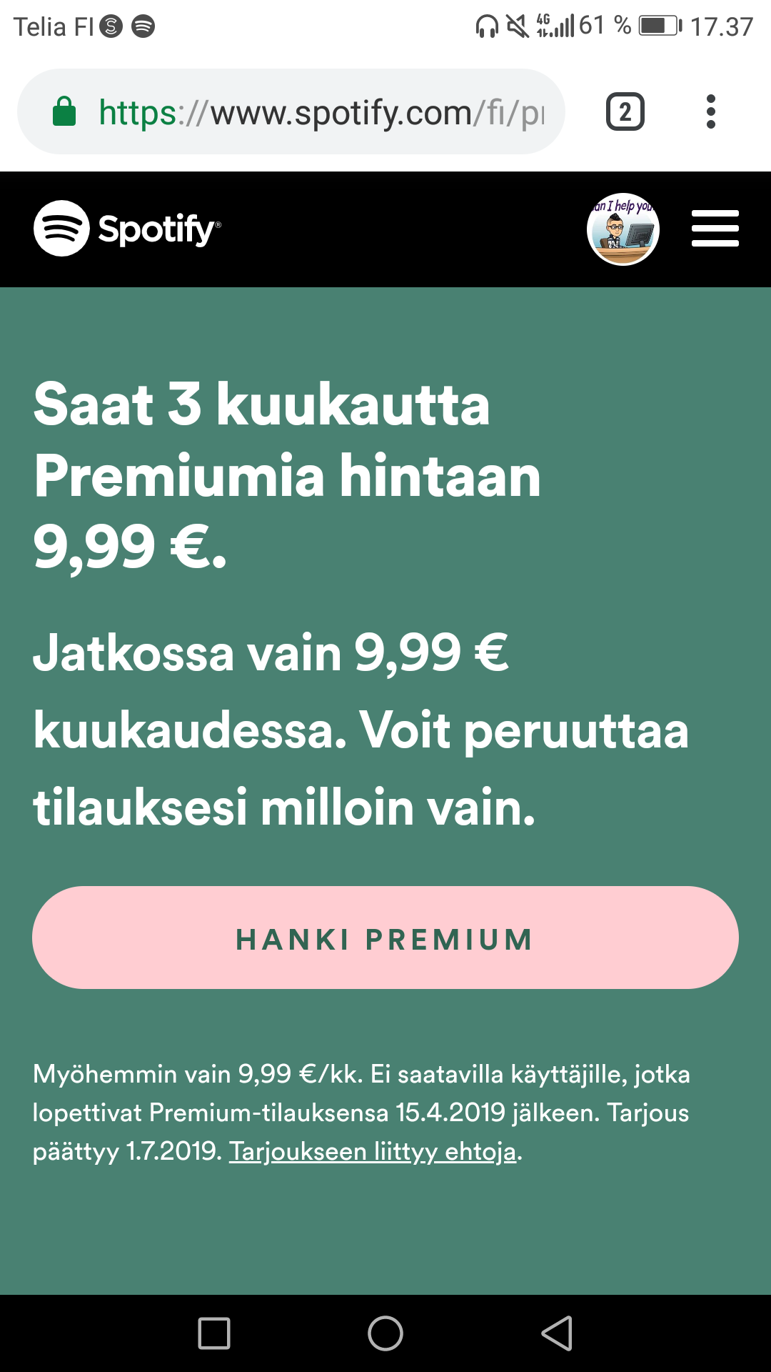 Spotify 3kk 10 € tarjous lahjakortilla | Telia Yhteisö