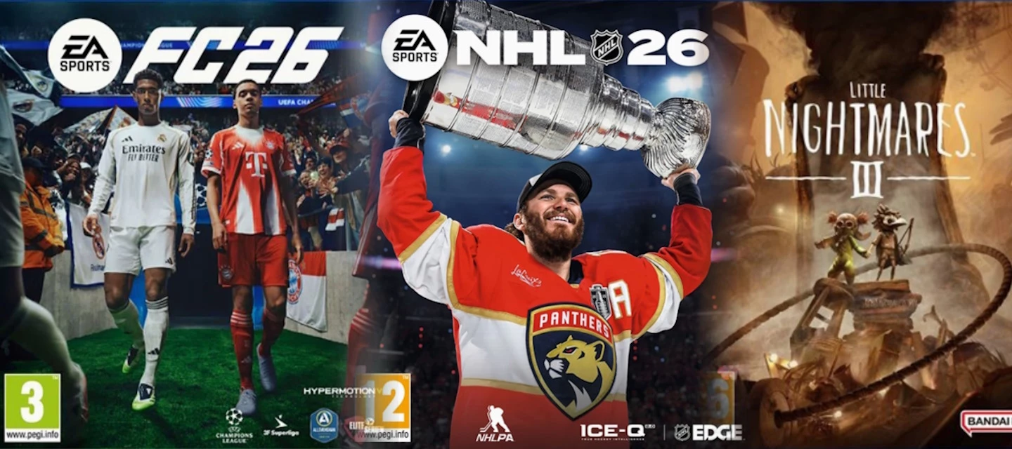 Uutuuspelien FC26, NHL 26 ja Little Nightmares 3 kansien kuvat yhdistettynä samassa kuvassa
