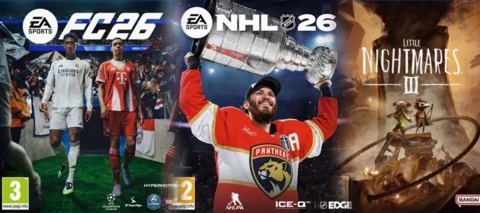 Uutuuspelien FC26, NHL 26 ja Little Nightmares 3 kansien kuvat yhdistettynä samassa kuvassa