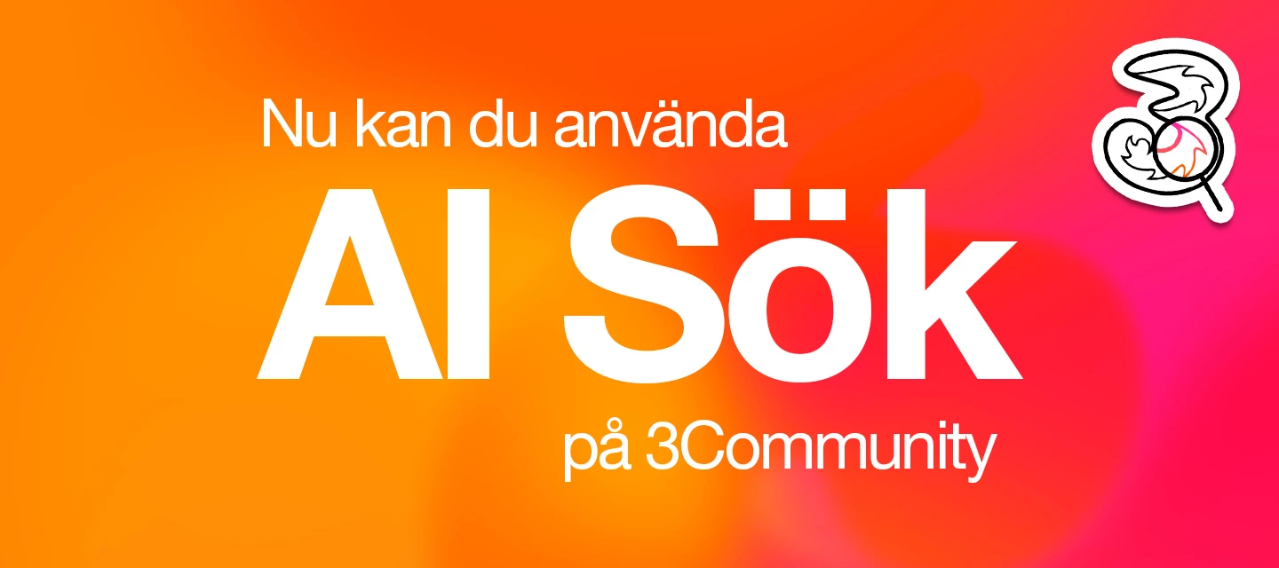 En orange bakgrund med texten “Nu kan du använda AI Sök på 3Community” och Tre‑logotypen i hörnet.