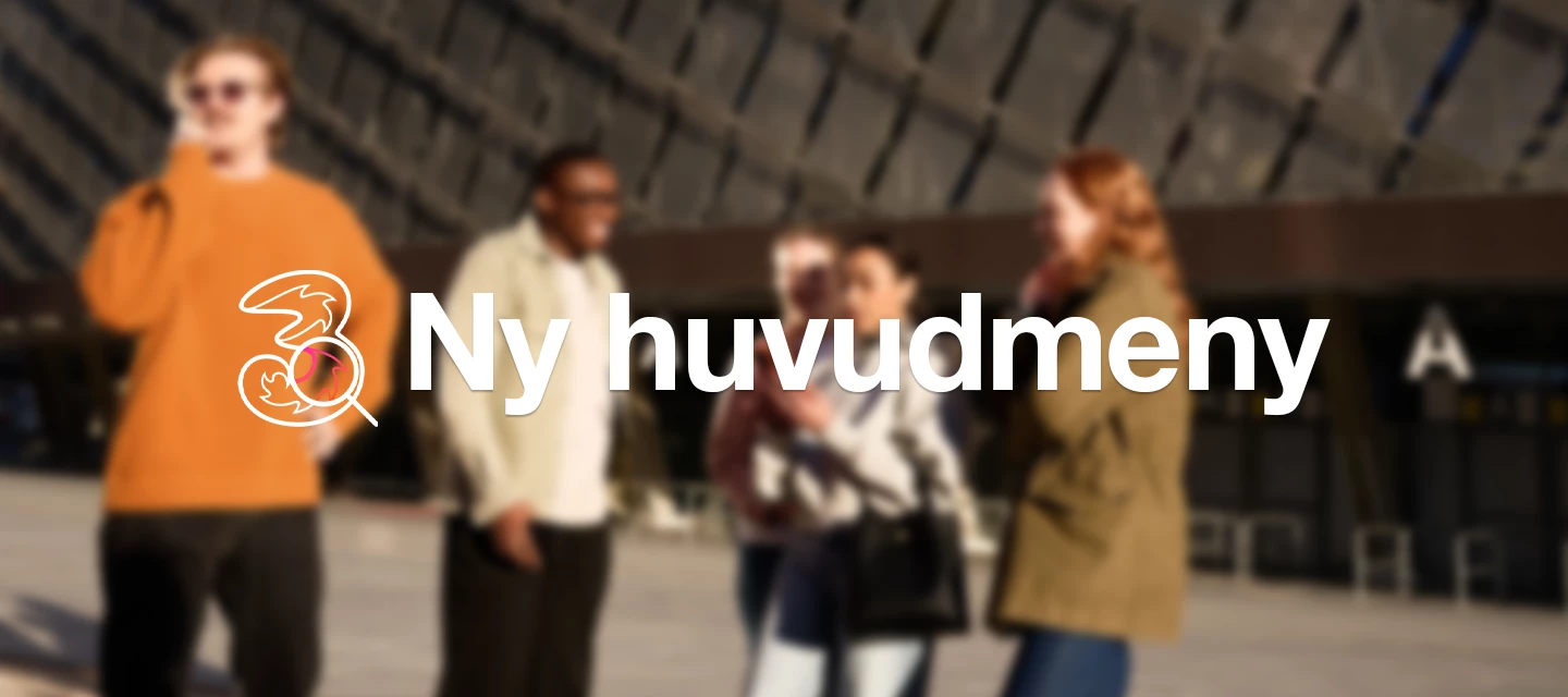Personer står utomhos och samtalar bakom texten "Ny huvudmeny"