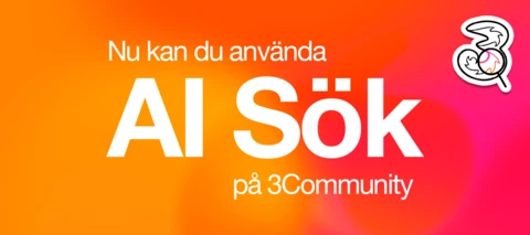 En orange bakgrund med texten “Nu kan du använda AI Sök på 3Community” och Tre‑logotypen i hörnet.